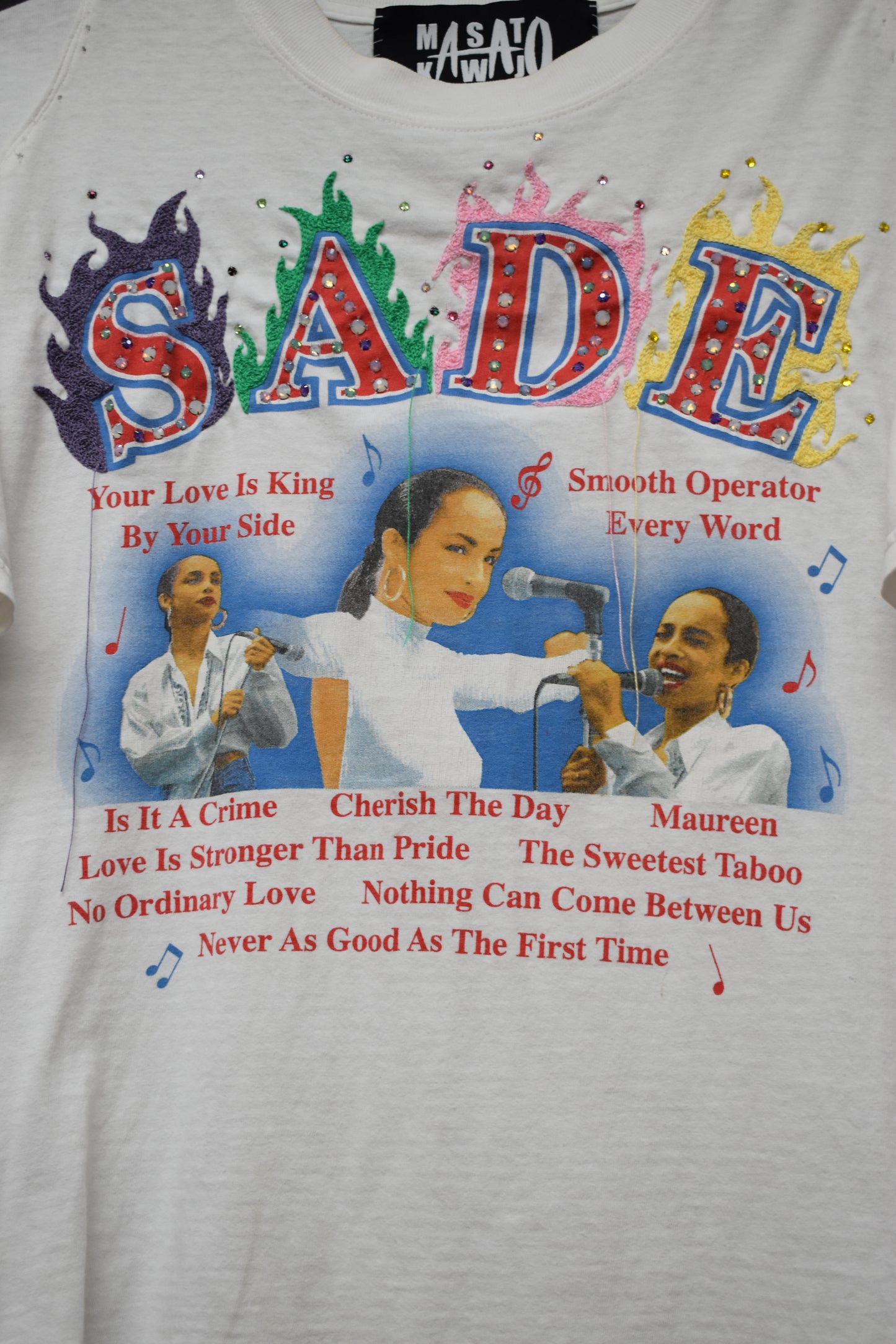 Sade Y2K t-shirt flame chain stitch embroidery and Crystal studded.