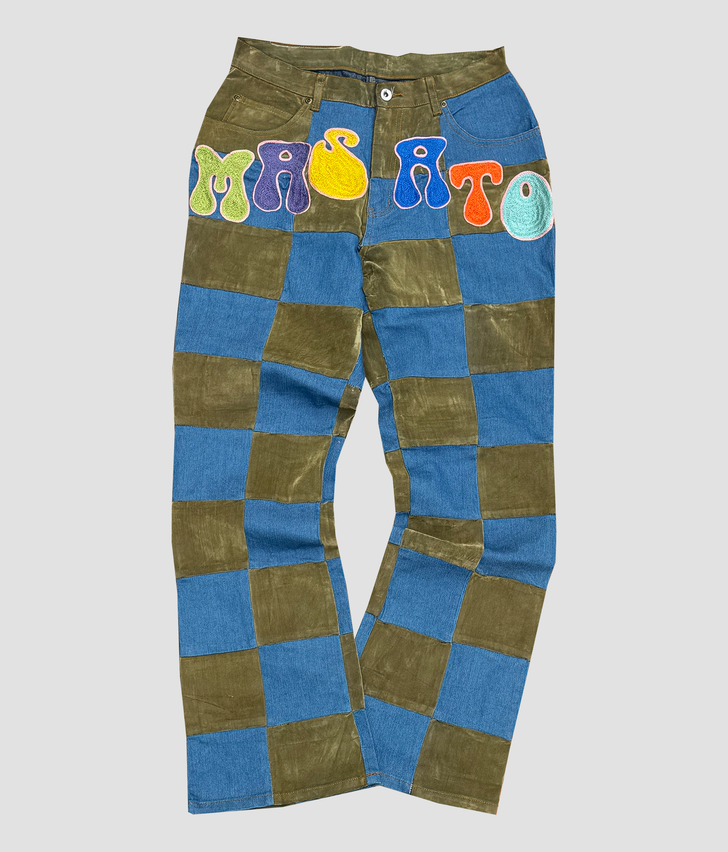 Vintage patchwork checkered pants with ChainStitching