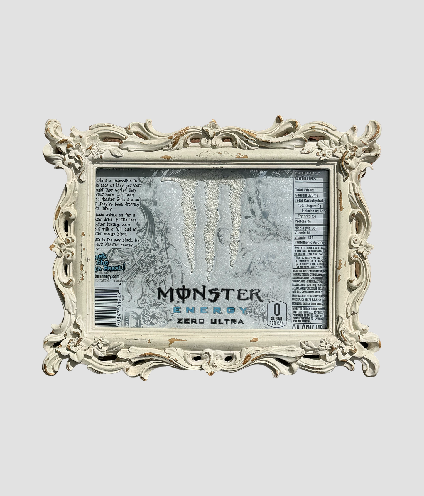 Chain Stitched Monster energy Can in Wood Frame Blue & White