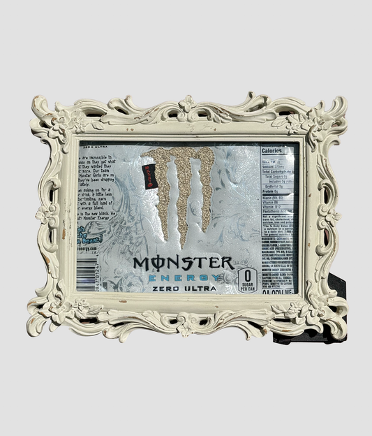 Chain Stitched Monster energy Can in Wood Frame White & Cream